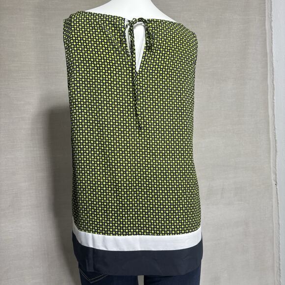 LOFT Women's Top Blouse Navy Blue Lime Green Tie Back Geometric XS - Picture 2 of 7